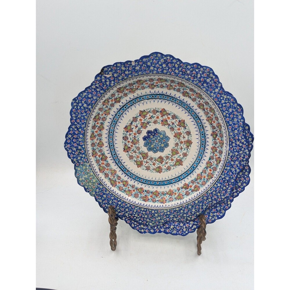 Pair Vintage Persian Minakari Enamel Copper Plates Wall Hanging Hand Painted 8" - Picture 10 of 12